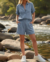 Amelia Damen Leinen Zweiteiler mit Hemd und Shorts in Hellblau