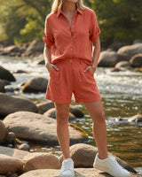 Amelia Damen Leinen Zweiteiler mit Hemd und Shorts in Orange