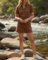 Amelia Damen Leinen Zweiteiler mit Hemd und Shorts in Braun