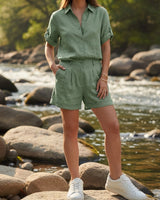 Amelia Damen Leinen Zweiteiler mit Hemd und Shorts in Salbeigrün