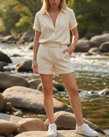 Amelia Damen Leinen Zweiteiler mit Hemd und Shorts in Beige