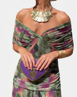 Inés | Langes Blumenkleid mit V-Ausschnitt in Grün/Lila