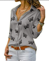 Damen nan lockere Longbluse mit Schmetterlingsprint und Hemdkragen Drune in Grau