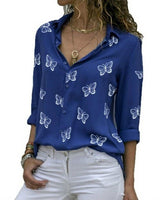 Damen nan lockere Longbluse mit Schmetterlingsprint und Hemdkragen Drune in Blau