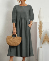 Midikleid mit Rundhalsausschnitt & Laternenärmeln – Selina in Dunkelgrün