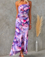 Damen One Shoulder Maxikleid mit Blumendruck Rüschen und Raffung in Floral