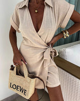 Saskia | Lässiger Leinen-Jumpsuit mit Revers in Apricot
