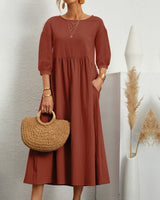 Midikleid mit Rundhalsausschnitt & Laternenärmeln – Selina in Orange