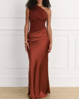 One Shoulder plissiertes Party Maxikleid in Bordeauxrot