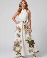 Wiese | Drapiertes Halter-Botanik-Paneel-Maxikleid in Weiß