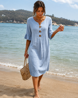 Éliane - Elegantes Knopf-V-Ausschnitt-Kleid in Blau