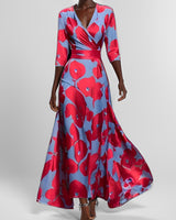 Delores - Langes Kleid mit Blumendesign und langen Ärmeln in Blau / Rot