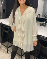 Aurora - Lange Bluse mit V-Ausschnitt in Beige