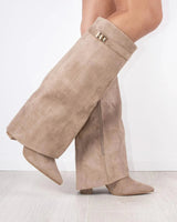Angela | Damen Schlagstiefel über dem Knie mit Reißverschluss in Beige
