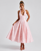 Dahlia - Stilvolles ärmelloses Kleid mit V-Ausschnitt und Neckholder in Rosa