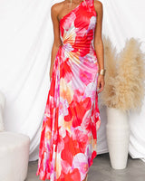 Damen One Shoulder Maxikleid mit Print asymmetrischem Schnitt und Falten in Rot