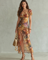 Ciel | Rüschensleeve Raffung Schlitz Midi Kleid in Mehrfarbig