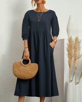 Midikleid mit Rundhalsausschnitt & Laternenärmeln – Selina in Marineblau