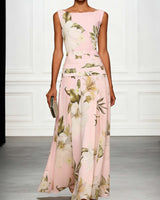 Fresh ärmelloses Party Maxikleid mit Bootsausschnitt und Print in Rosa