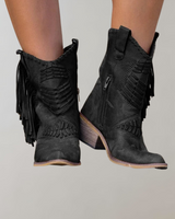 Stilvolle Damen Stiefel mit Fransen - Selena in Schwarz