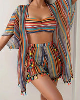 Damen Bikini Set mit Cover Up Shirt und Strandshorts in Mehrfarbig