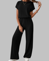 Paula | Damen Rippstrick-Set Kurzarm Top Weite Hose Casual in Schwarz
