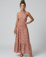 Amira | Geometrischer Print Cutout Midi-Kleid mit Kreuzträger in Geometrisch