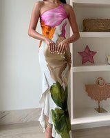 Damen One Shoulder Maxikleid mit Blumendruck Drapierung Rüschen und Seitenschlitz in Weiß