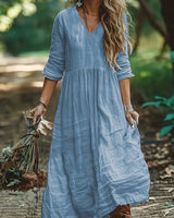 Shirron – Modisches Langes Kleid Mit V-Ausschnitt in Blau