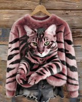 Jules – Weiches Plüsch Sweatshirt Mit Tabby Katzen Und Tiger Muster in Rosa