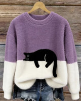 Aiste - Lässiger Pullover Mit Katzenmotiv in Violett