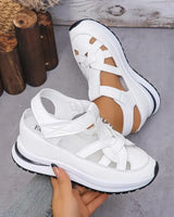Bequeme Sandalen mit Keilabsatz und Klettverschluss für Damen in weiß
