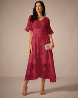 Aishana Damen kurzarm bedrucktes Midi Kleid in Rot