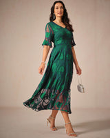 Aishana Damen kurzarm bedrucktes Midi Kleid in Grün