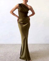 One Shoulder plissiertes Party Maxikleid in Dunkelgrün