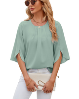Leichte Fließende Unifarbene Rundhals Dreiviertelarm Chiffon Bluse in Hellgrün