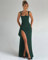 Aria | Elegantes Slip-Maxikleid mit offenem Rücken in Dunkelgrün