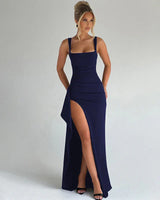 Aria | Elegantes Slip-Maxikleid mit offenem Rücken in Marineblau