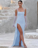Aria | Elegantes Slip-Maxikleid mit offenem Rücken in Blau