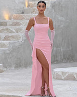 Aria | Elegantes Slip-Maxikleid mit offenem Rücken in Rosa