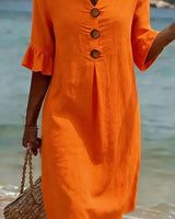Mlaina – Elegantes Midikleid Mit Schaltfläche in Orange