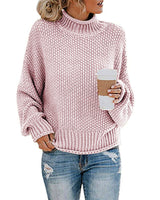 Damen nan Oversize Strickpullover mit Rollkragen, grobem Strukturstrick und Ballonärmeln Drune in Rosa