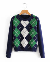 Damen nan Argyle Strickpullover mit Rundhalsausschnitt und geripptem Bund Drune in Dunkelblau-Grün kariert