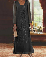 Jungmin - Chiffon Kleid Set in Schwarz