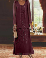 Jungmin - Chiffon Kleid Set in Burgund