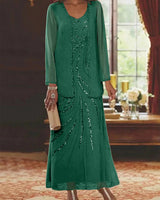 Jungmin - Chiffon Kleid Set in Dunkelgrün