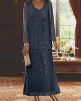 Jungmin - Chiffon Kleid Set in Marineblau