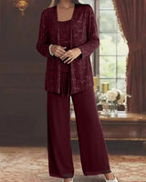 Gimena – Set Aus Glitzer-strickjacke Und Hose in Burgunder