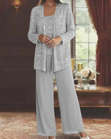 Gimena – Set Aus Glitzer-strickjacke Und Hose in Hellgrau
