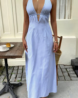 Sexy Streifen Halter Maxikleid rückenfrei mit Schnürung in Blau